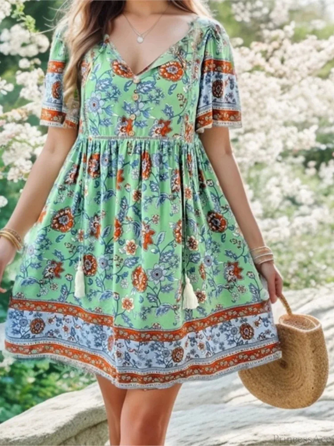 Casual Holiday Floral Print V-neck Short Sleeve Sundress oldfloraldress-250126