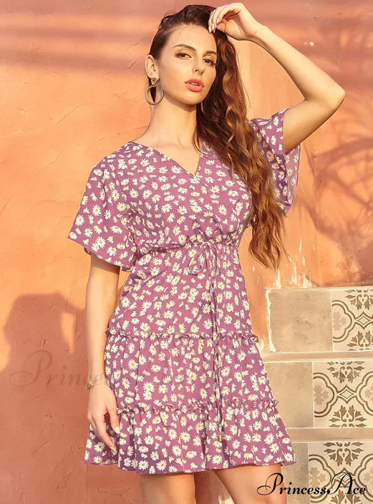 Casual Lace-Up With Gown V-Neck Flowered Design S / Black Lace Dress