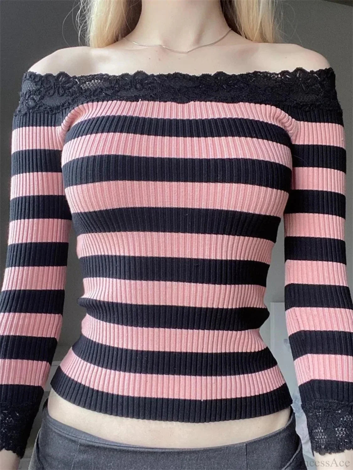 Casual Long Sleeve Retro Striped Off-Shoulder T-Shirts Pink / S Sweaters-L