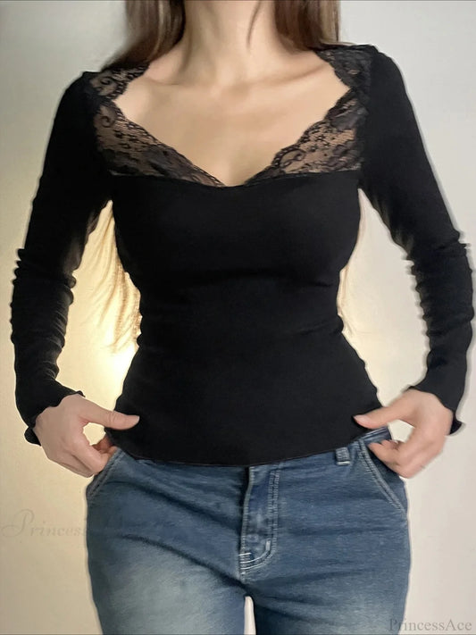 Casual Patchwork Lace Slim V-Neck Long Sleeve Knit Top Black / S knittop-250126