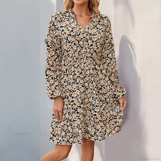 Casual Printed Long Sleeve Floral Dress Black / S oldfloraldress-250126