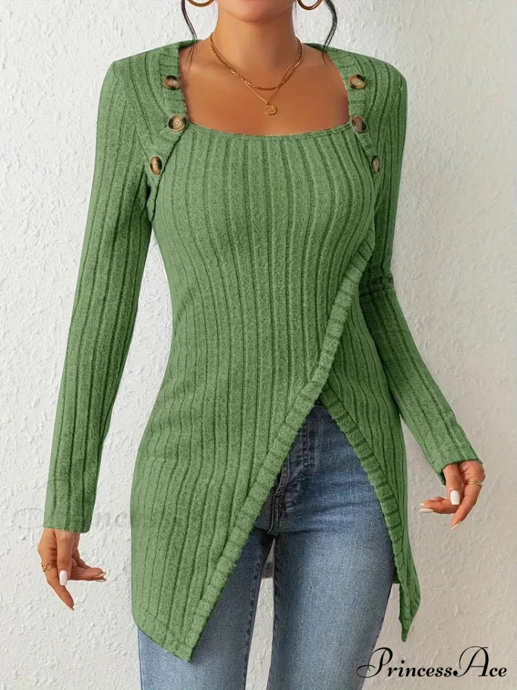 Casual Ribbed Long Sleeve Top Dress With Asymmetrical Hem M / Black Long Sleeve Sweater Dress