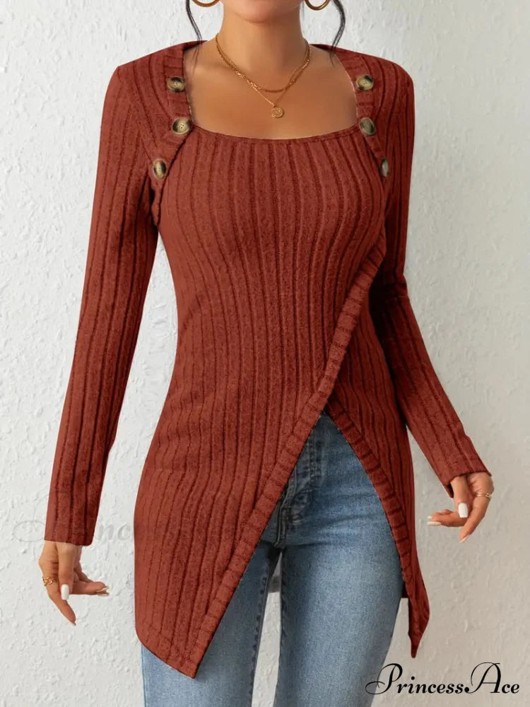 Casual Ribbed Long Sleeve Top Dress With Asymmetrical Hem S / Purple Long Sleeve Sweater Dress