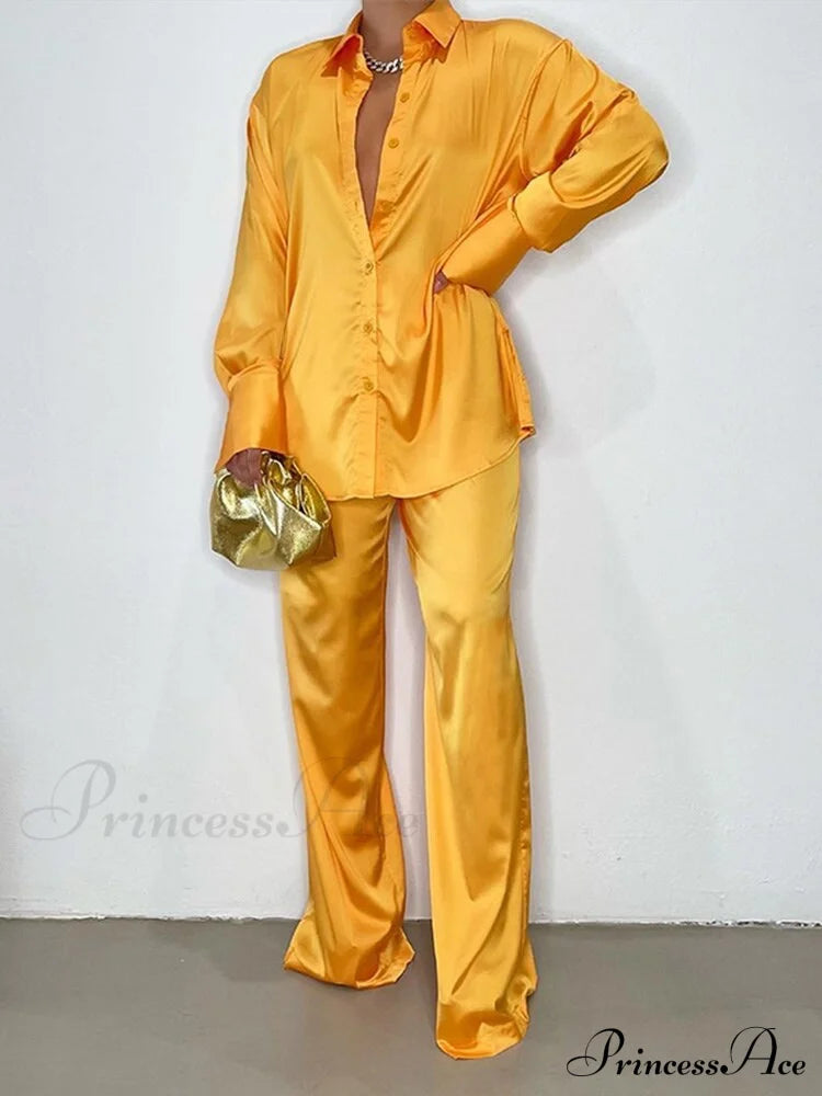 Casual - Set Elegant Women’s Long And With Outfit Wide Solid Two Piece Arm Blouse Leg Loose Satin