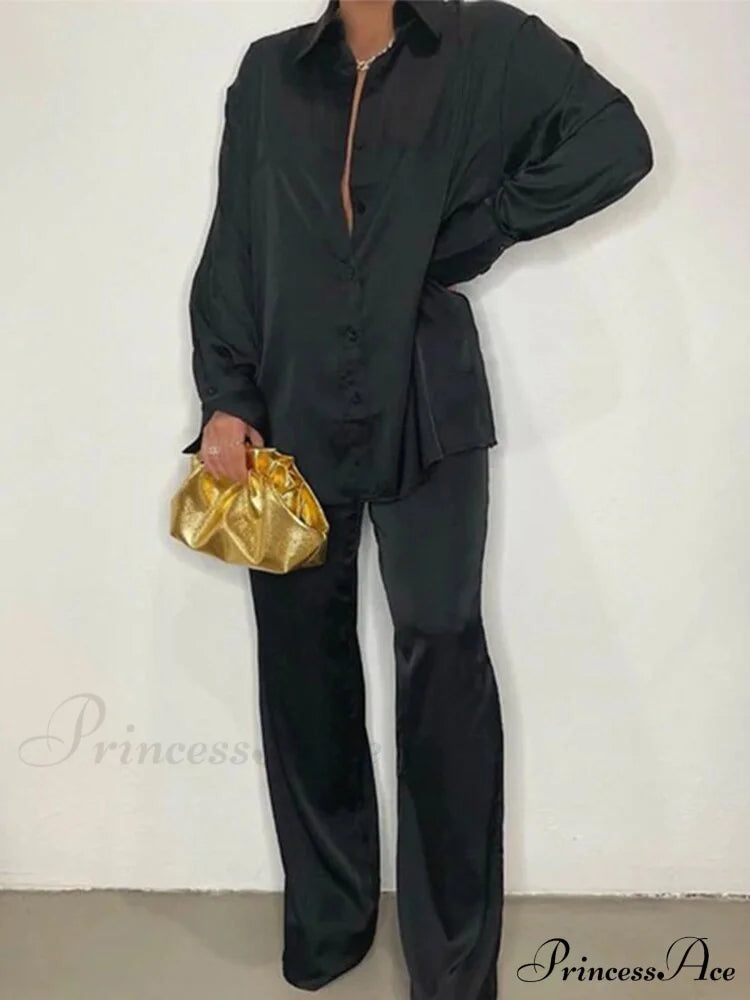 Casual - Set Elegant Women’s Long And With Outfit Wide Solid Two Piece Arm Blouse Leg Loose Satin