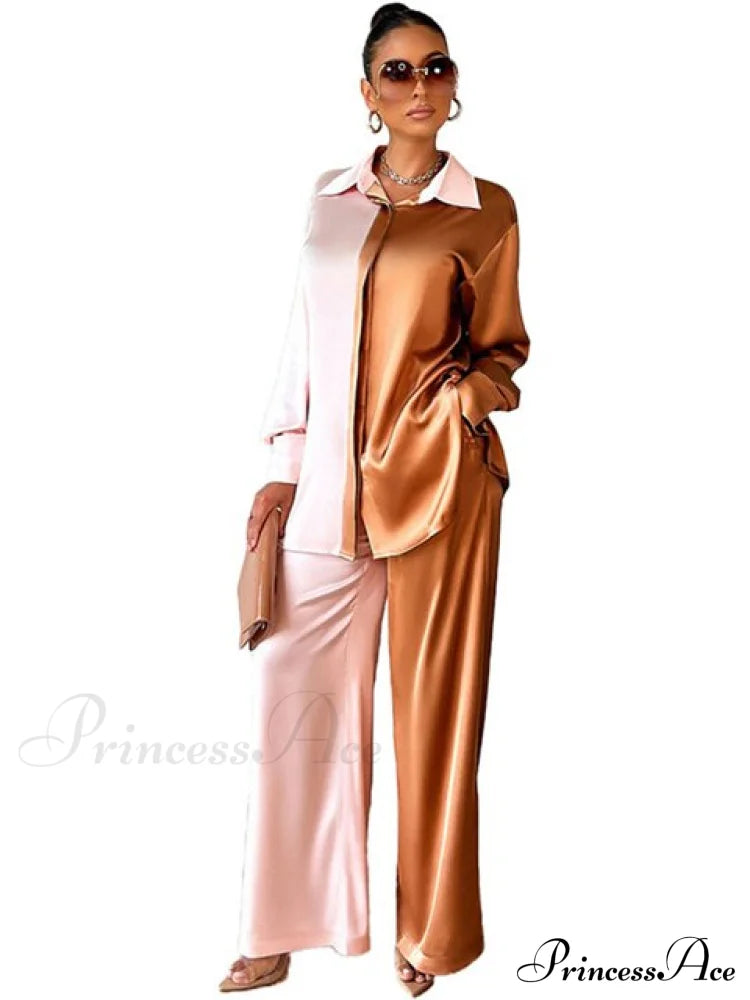 Casual - Set Elegant Women’s Long And With Outfit Wide Solid Two Piece Arm Blouse Leg Loose Satin