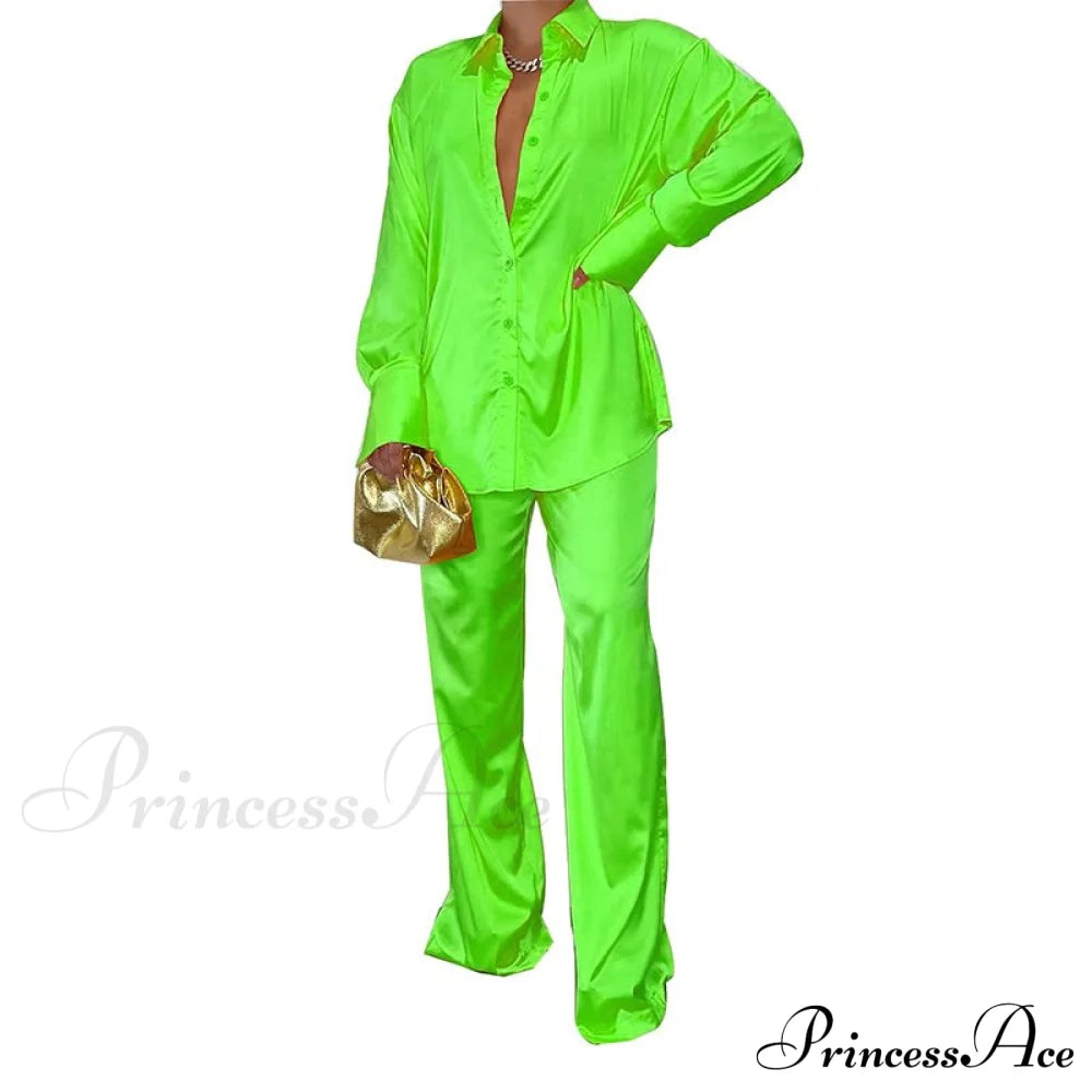 Casual - Set Elegant Women’s Long And With Outfit Wide Solid Two Piece Arm Blouse Leg Loose Satin