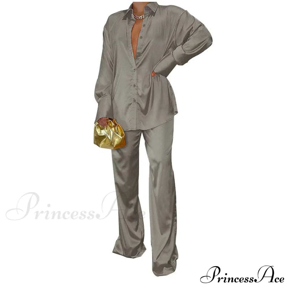 Casual - Set Elegant Women’s Long And With Outfit Wide Solid Two Piece Arm Blouse Leg Loose Satin