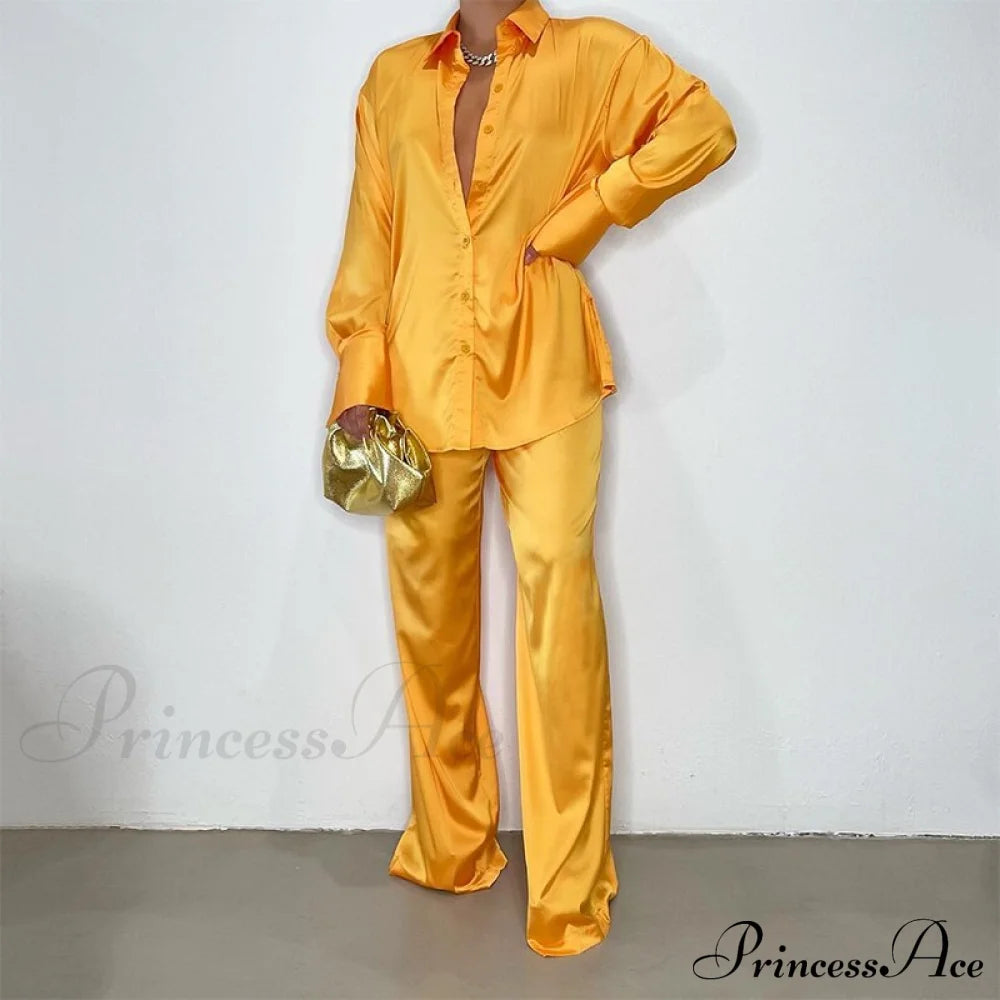 Casual - Set Elegant Women’s Long And With Outfit Wide Solid Two Piece Arm Blouse Leg Loose Satin