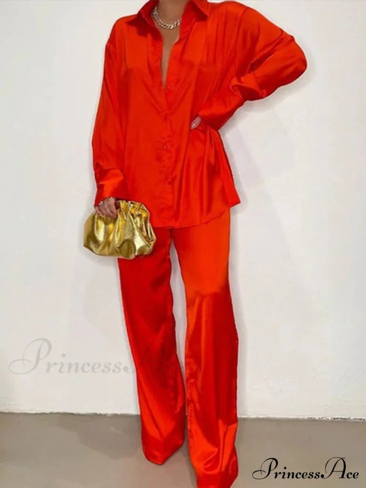 Casual - Set Elegant Women’s Long And With Outfit Wide Solid Two Piece Arm Blouse Leg Loose Satin