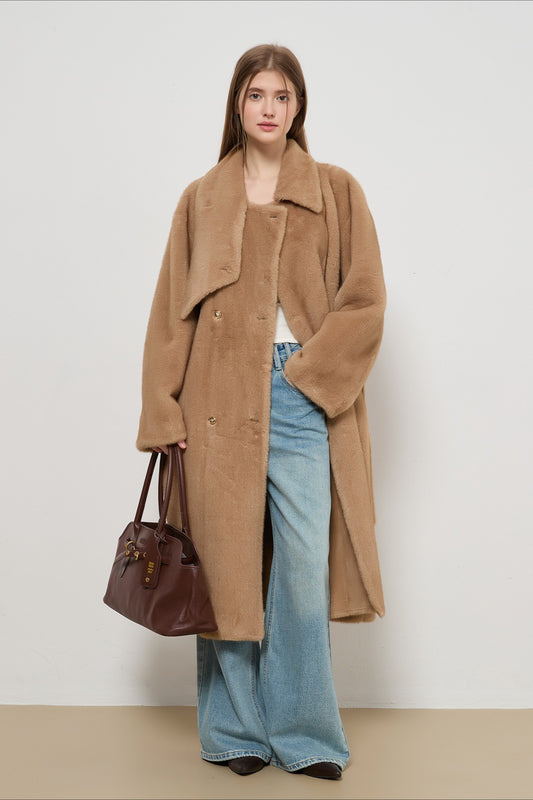 Luxe Faux Fur Tweed Long Elegant Lady Overcoat