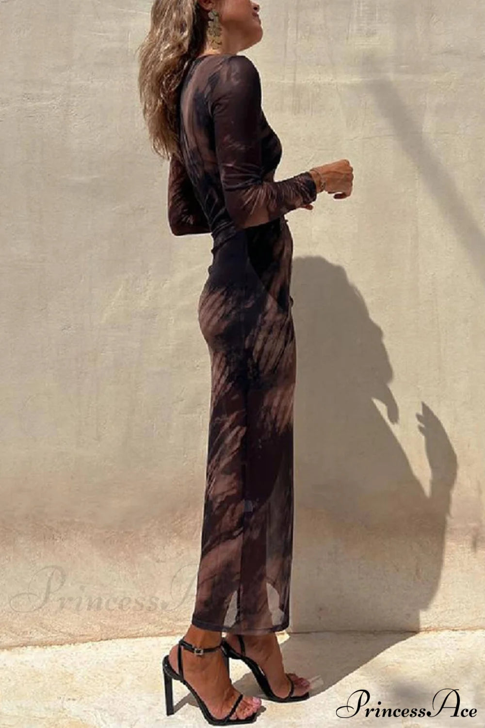 Charm Lady Mesh Overlay Tie Dye Modern Print Long Sleeve Ruched Stretch Midi Dress Dresses