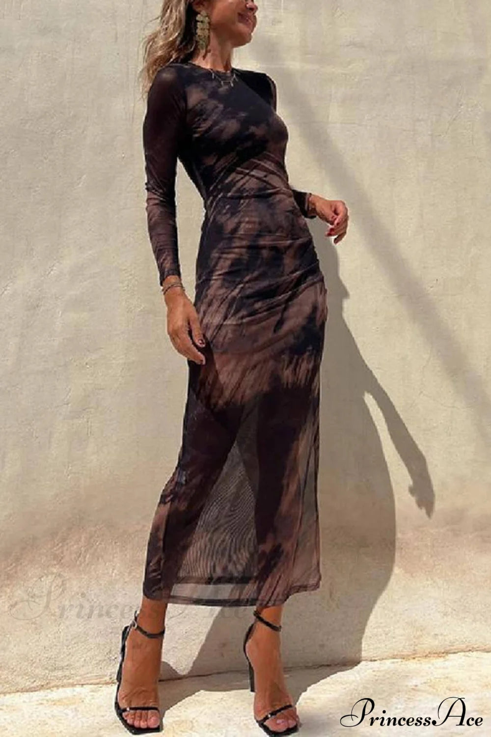 Charm Lady Mesh Overlay Tie Dye Modern Print Long Sleeve Ruched Stretch Midi Dress Dresses