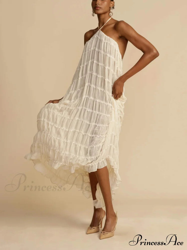 Charming Pleated Drawstring Waist Graceful Tiered Halterneck Midi Dress Dresses