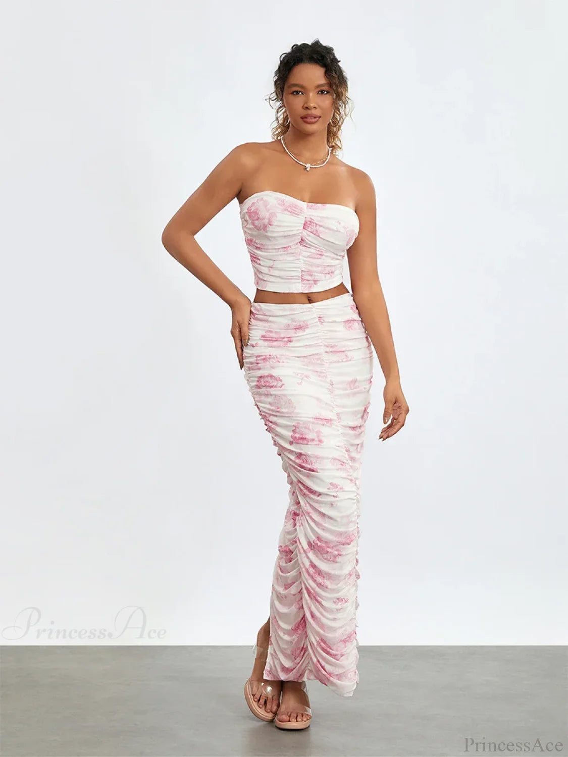 Chic Off-Shoulder Tube Top Wrap Long Floral Skirt Set floraldress-250126