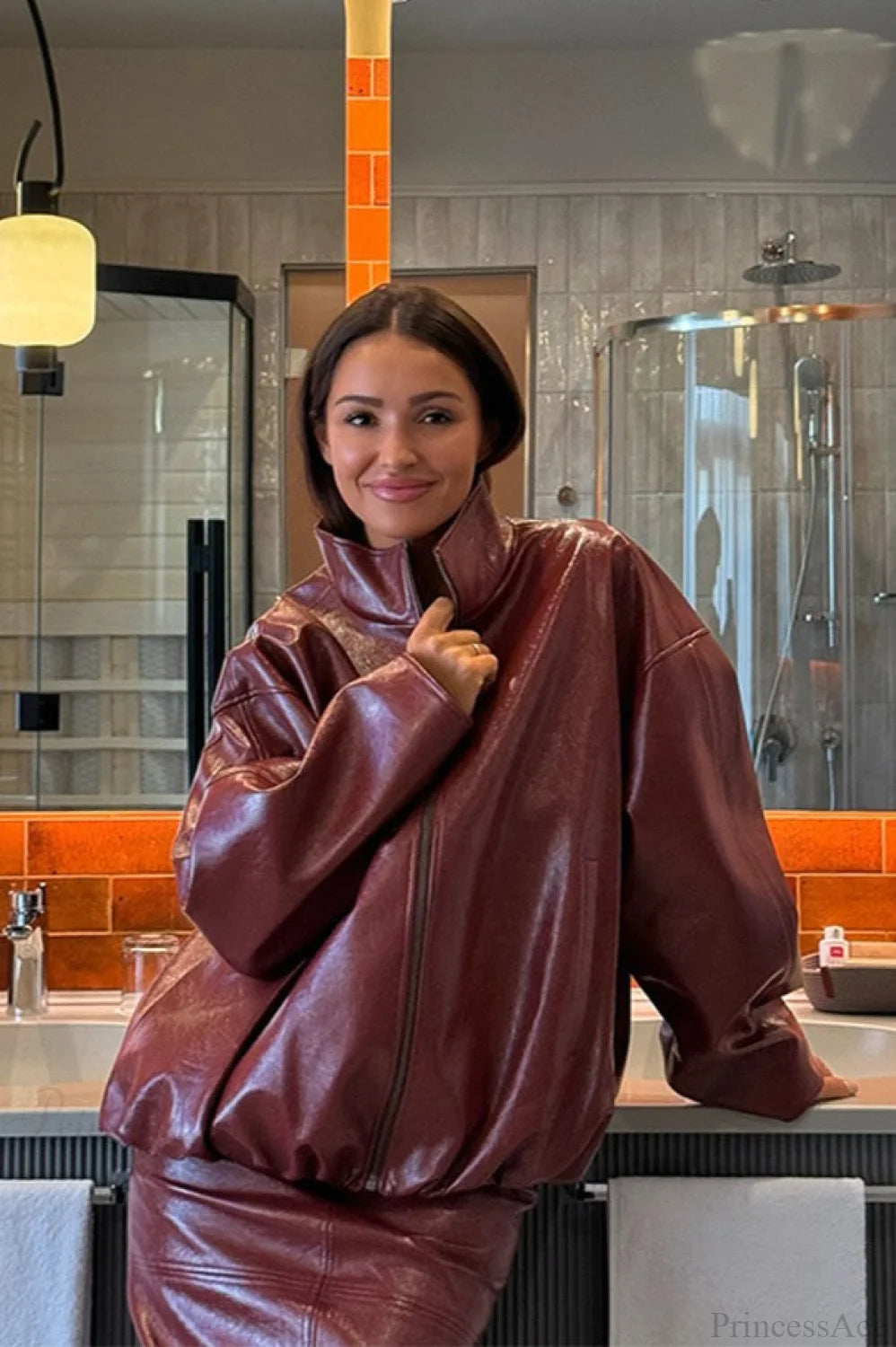 Chic Solid Patent Leather Stand Collar Jacket Skirt Two Piece Set