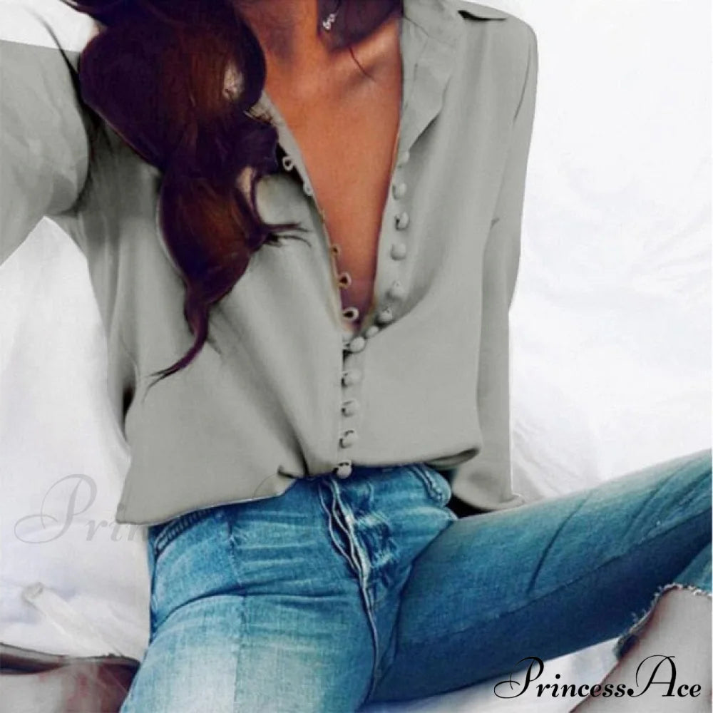 Chiffon Arm Blouse Ladies Top In Solid Casual - With Women Long Buttons Office Color Spring White L