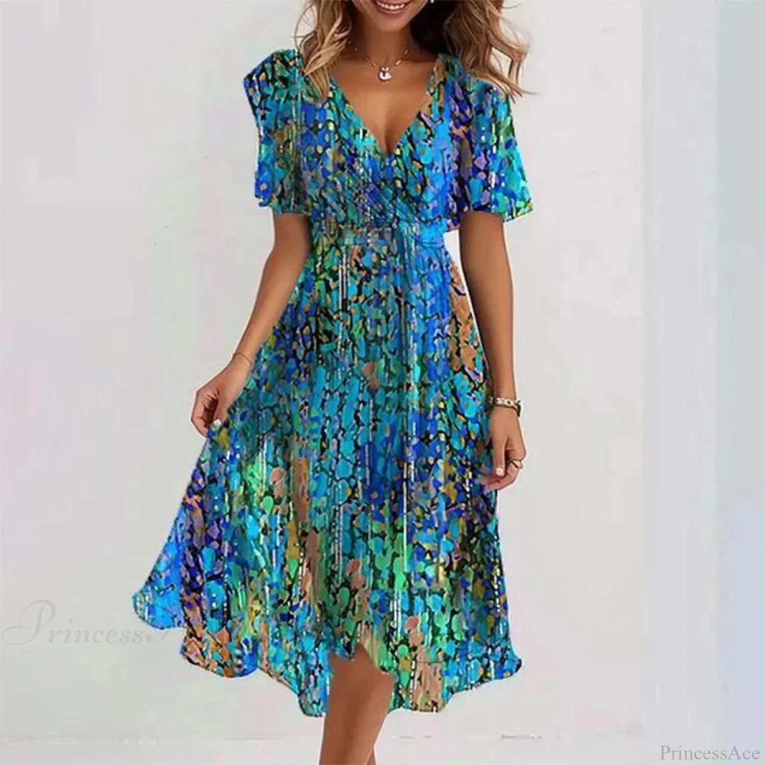 Chiffon Floral Print V-neck Dress Blue / S oldfloraldress-250126