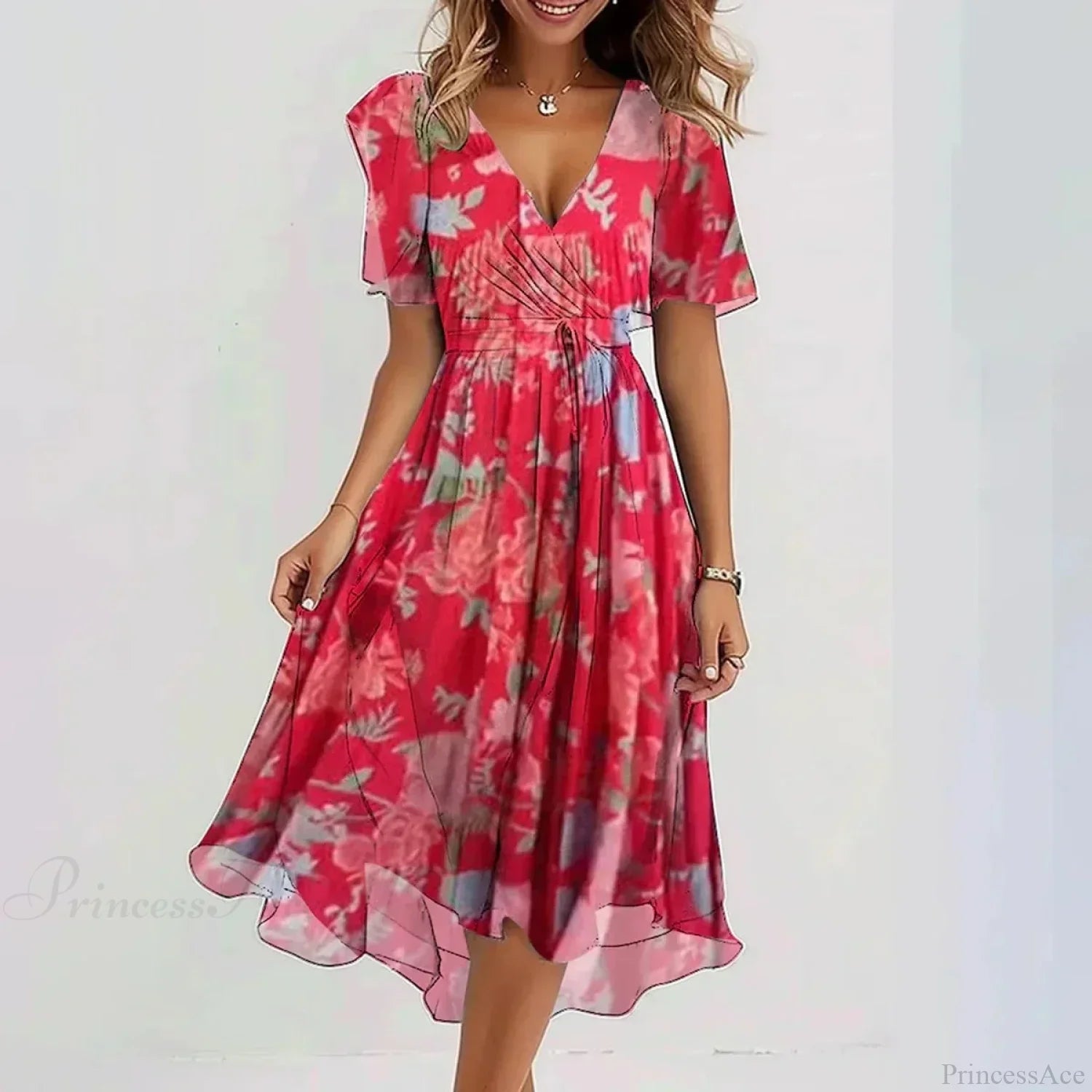 Chiffon Floral Print V-neck Dress Red / S oldfloraldress-250126