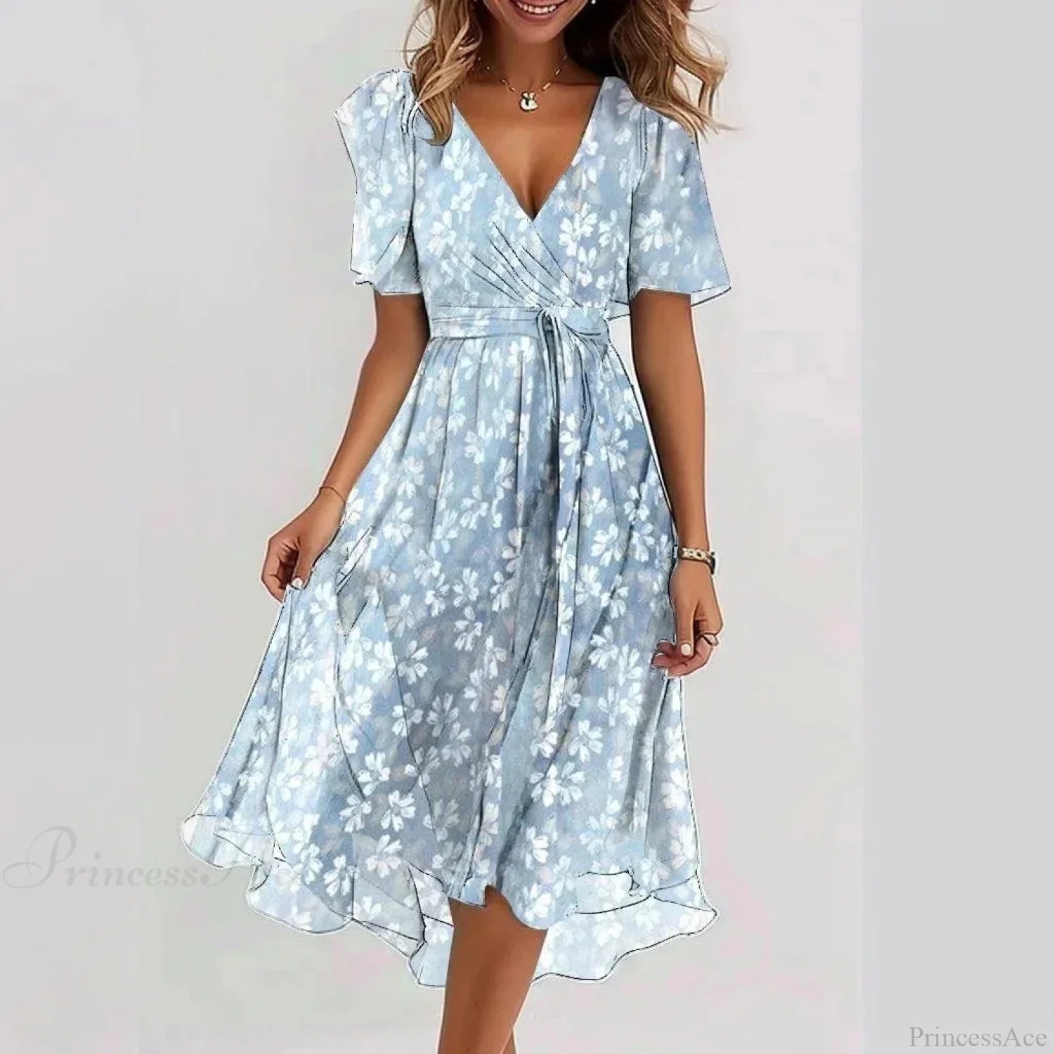 Chiffon Floral Print V-neck Dress WATHER BLUE / S oldfloraldress-250126