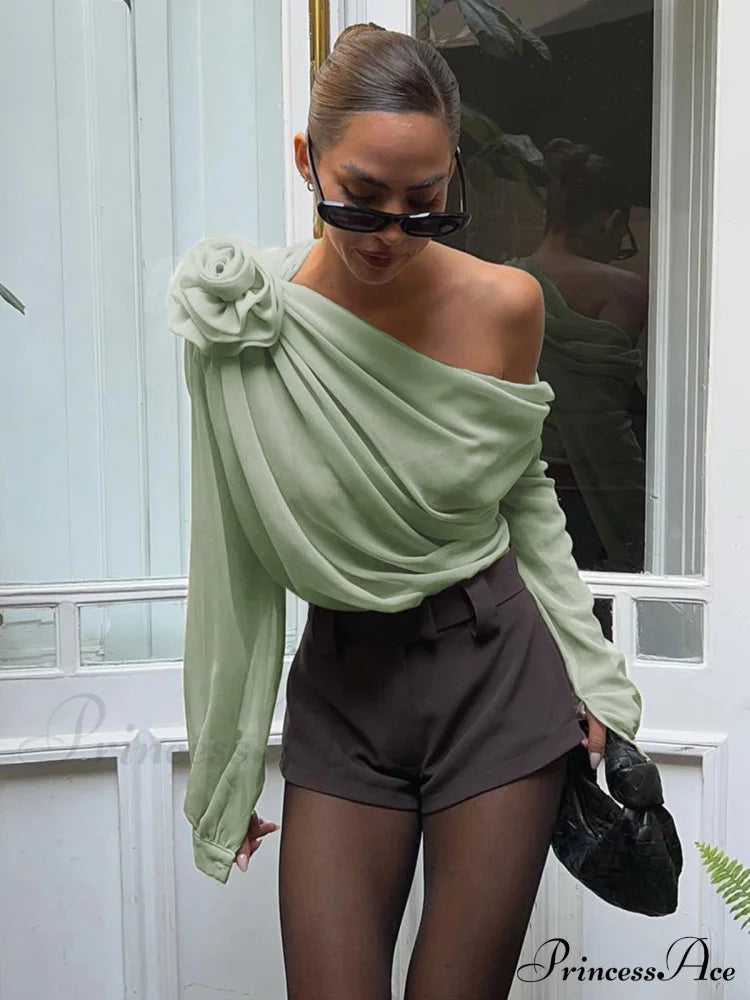 Chiffon Semi-Sheer One Trendy Shoulder Asymmetrical Top Lightgreen / Xs Shirts