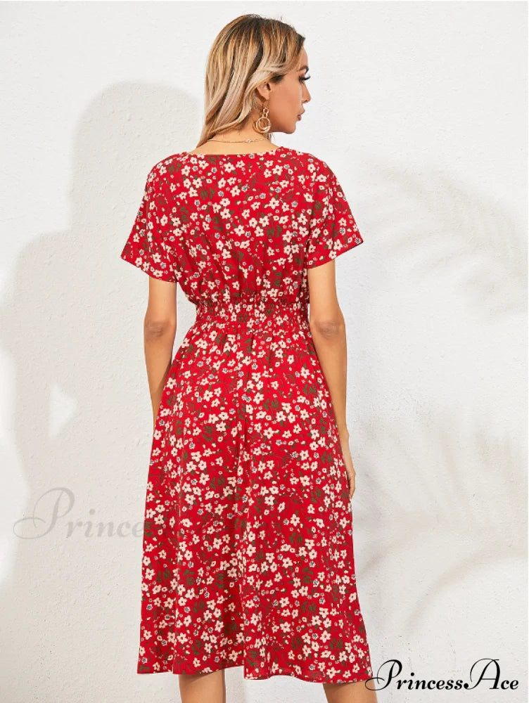 Coastal Short-Sleeved Gown Chiffon V-Neck A-Line Warm-Season Robe L / Blue Dresses