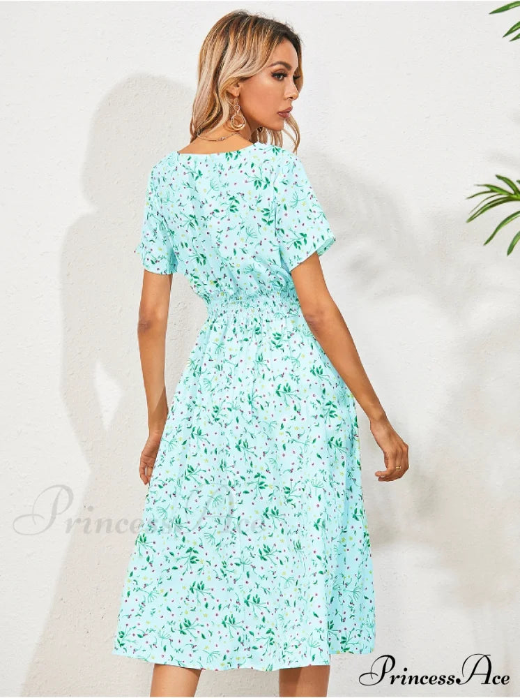 Coastal Short-Sleeved Gown Chiffon V-Neck A-Line Warm-Season Robe L / Pink Dresses