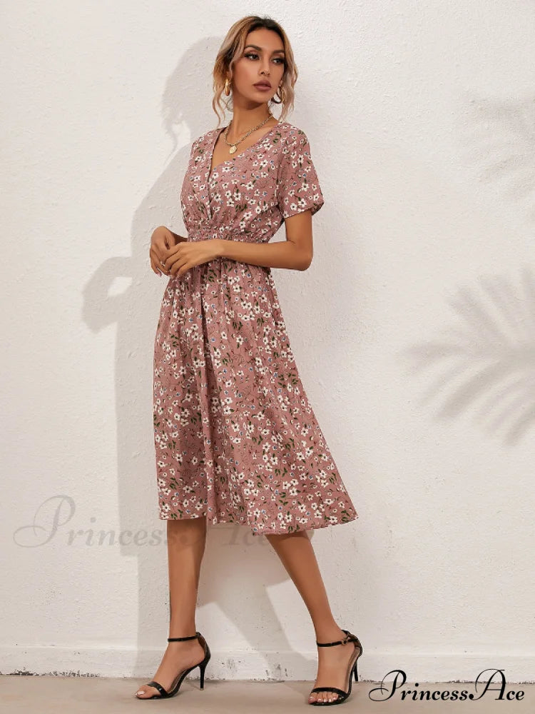 Coastal Short-Sleeved Gown Chiffon V-Neck A-Line Warm-Season Robe L / White Dresses
