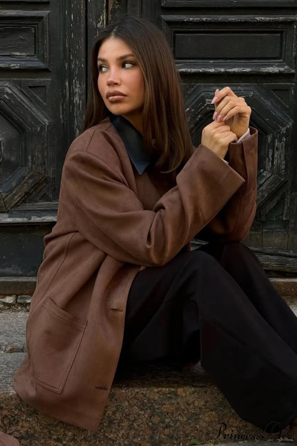 Coffee Suede Paneled Black Collar Loose Coat