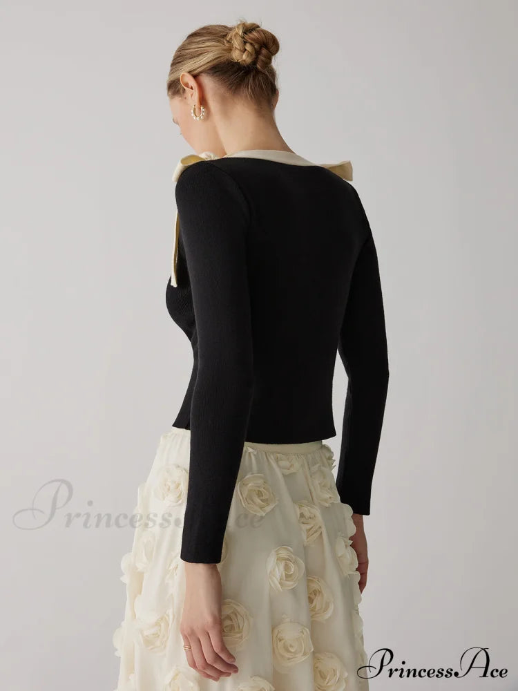 Contrast Bow Crew Trendy Neck Knit Top Sweaters-L