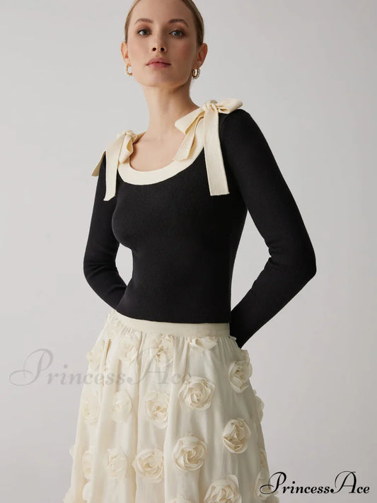 Contrast Bow Crew Trendy Neck Knit Top Sweaters-L