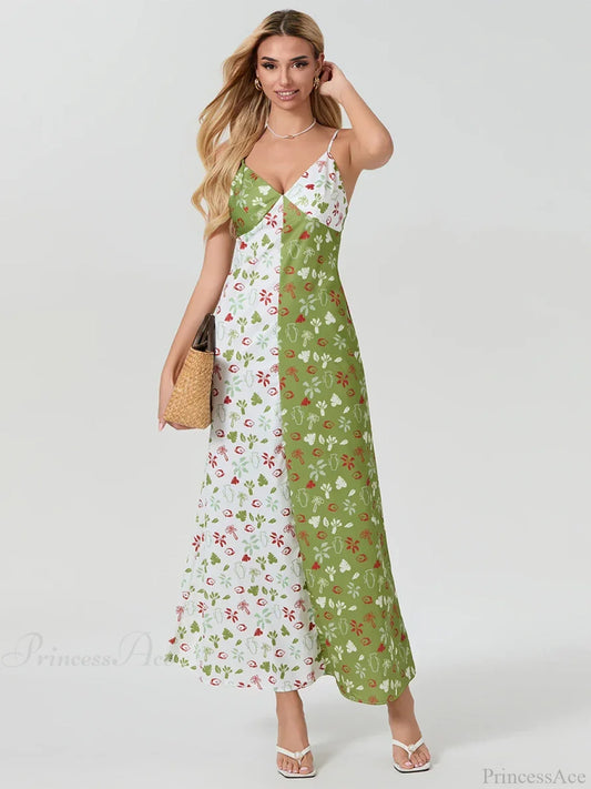 Contrast Color V-neck Spaghetti Strap Slip Floral Dress MULTI / S floraldress-250126