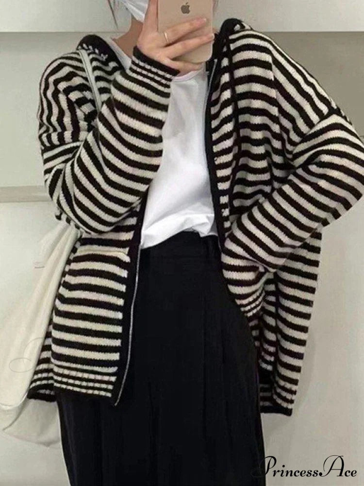 Contrasting Colors Striped Hooded Zipper Sweater Cardigan Casual Long-Sleeved Loose Hoodie Sweaters
