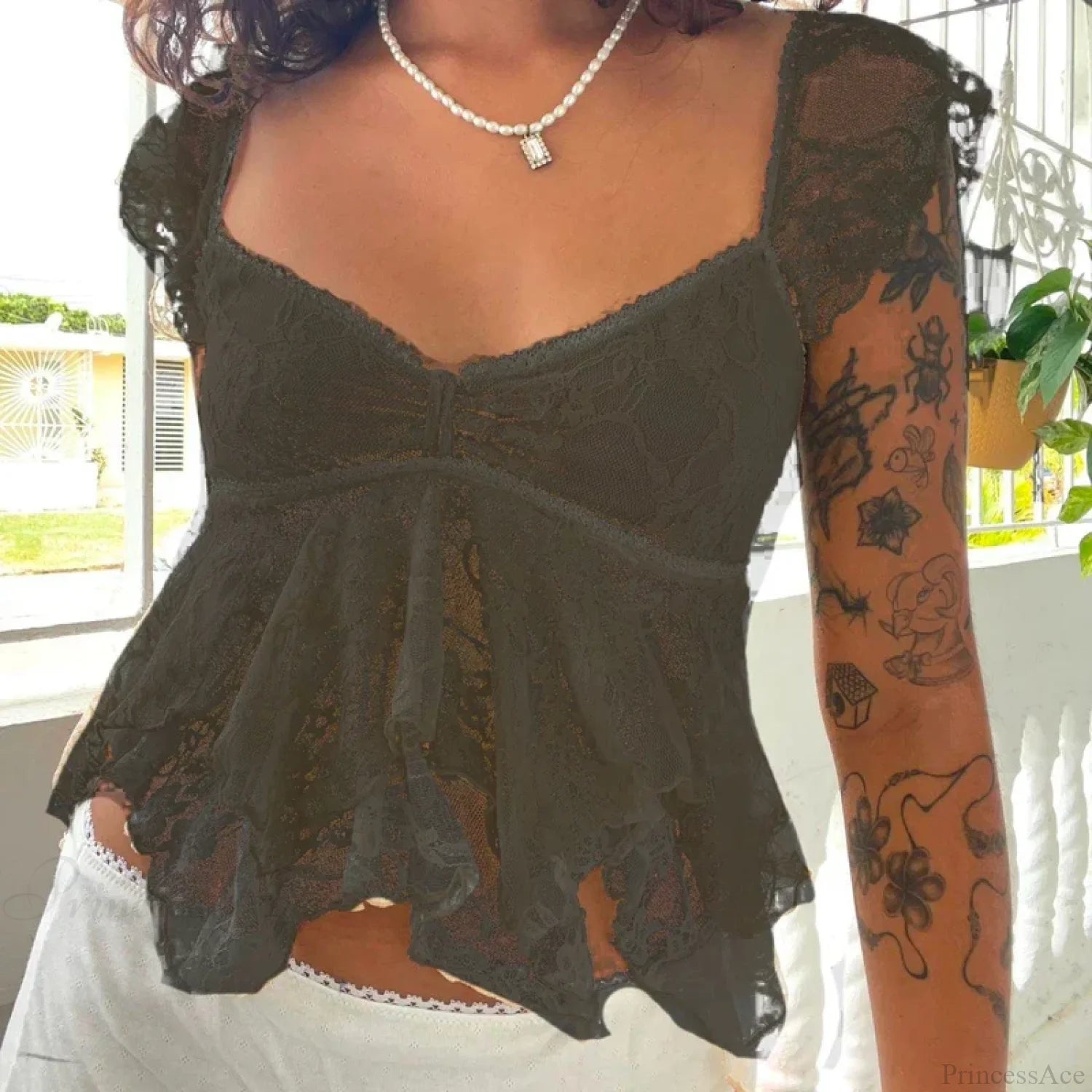 Coquette Lace Sheer Babydoll Vintage Crop Top Black / S croptop-250126