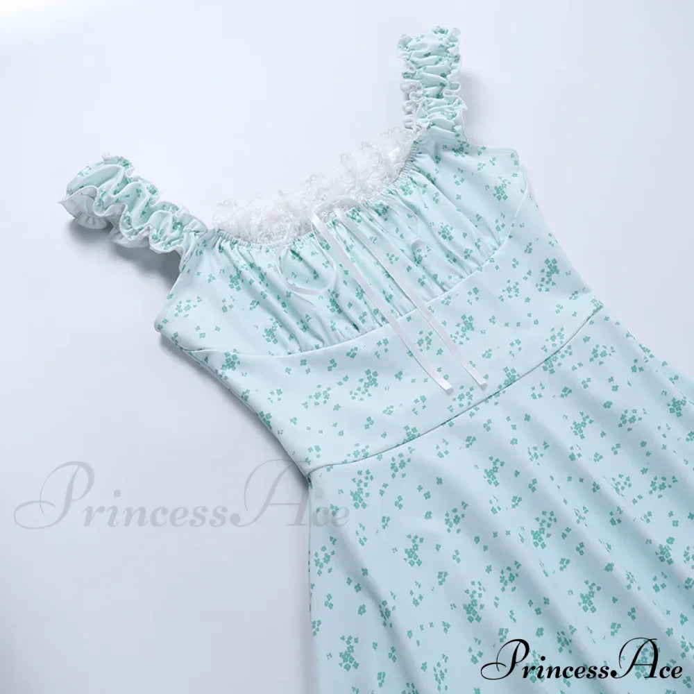 Coquette Y2K Printpatchwork Lace Trim Vintage Square Neck T-Shirts Floral Dress