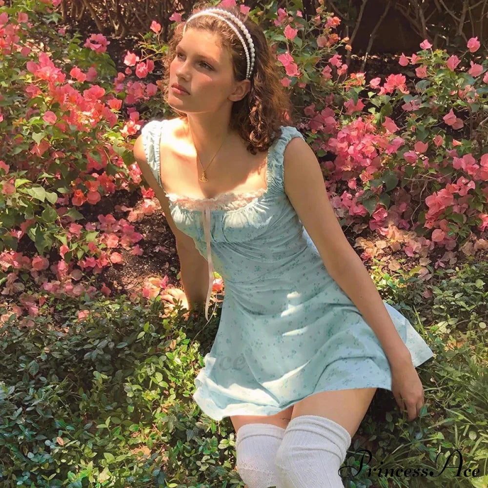 Coquette Y2K Printpatchwork Lace Trim Vintage Square Neck T-Shirts Floral Dress