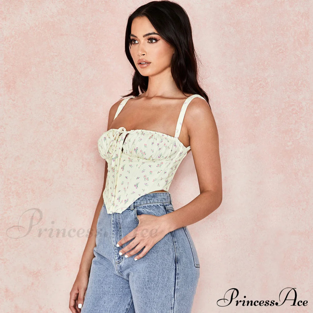 Cottagecore High Waist Floral Printed Classic A-Line Mini Skirt - Yellow L / Corset Tops