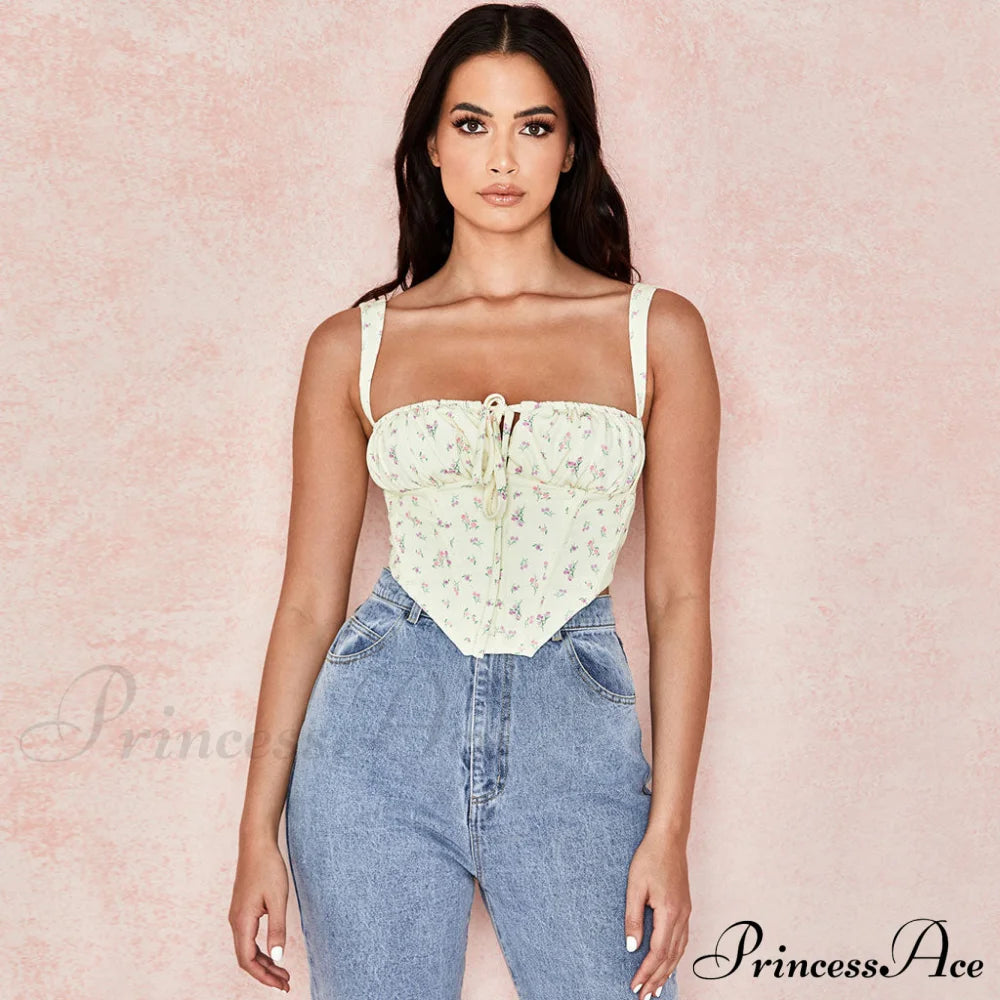 Cottagecore High Waist Floral Printed Classic A-Line Mini Skirt - Yellow M / Corset Tops