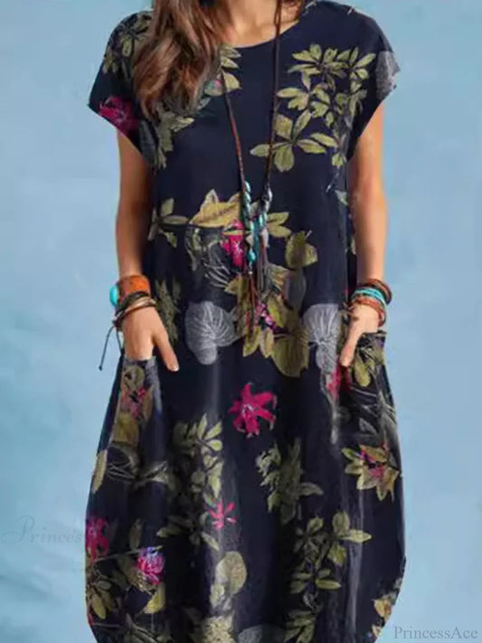 Cotton Linen Loose O-neck Floral Dress oldfloraldress-250126