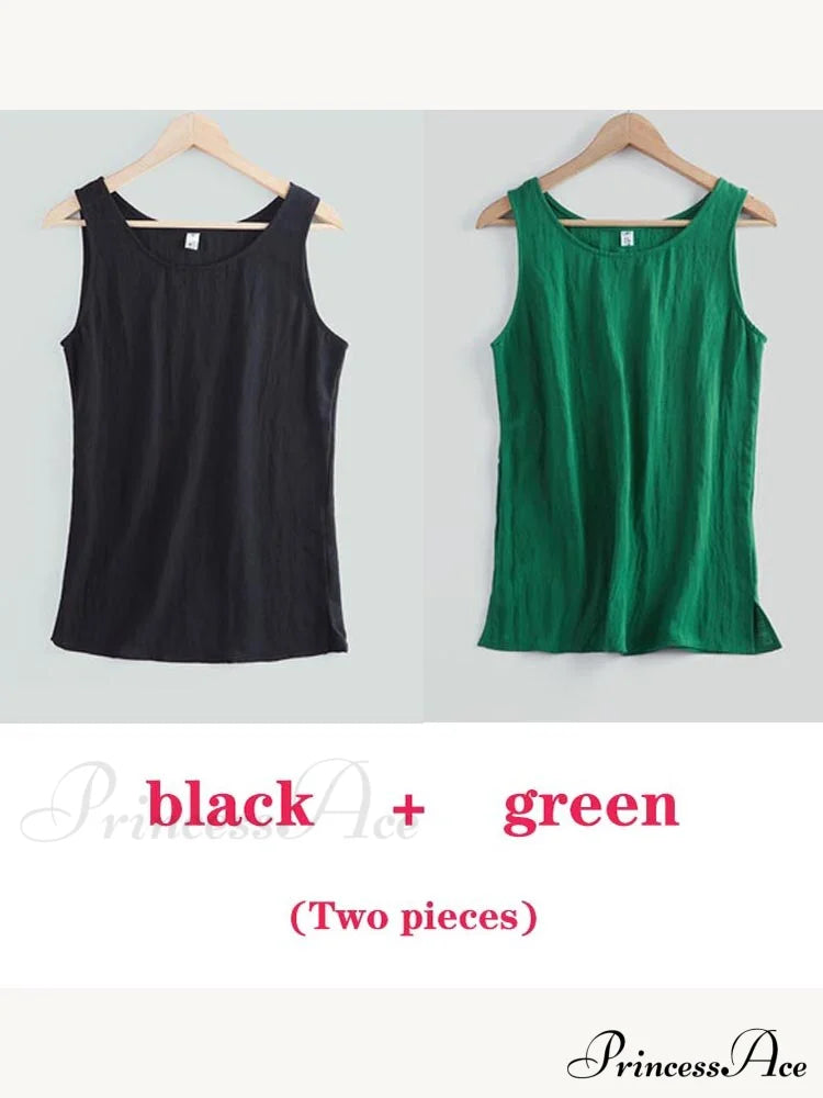 Cotton Linen Sleeveless Tops Black And Green / S