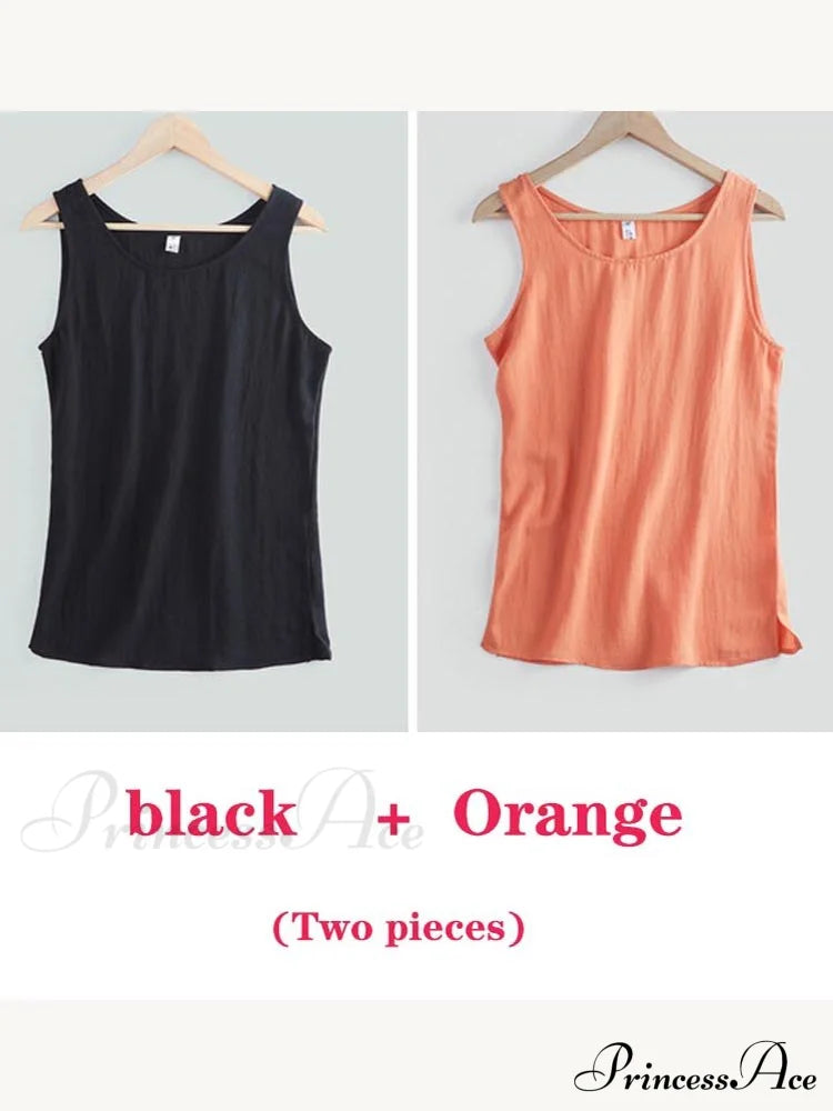 Cotton Linen Sleeveless Tops Black And Orange / S