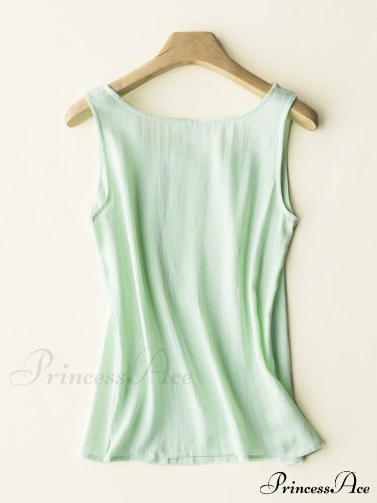Cotton Linen Sleeveless Tops Light Green / S