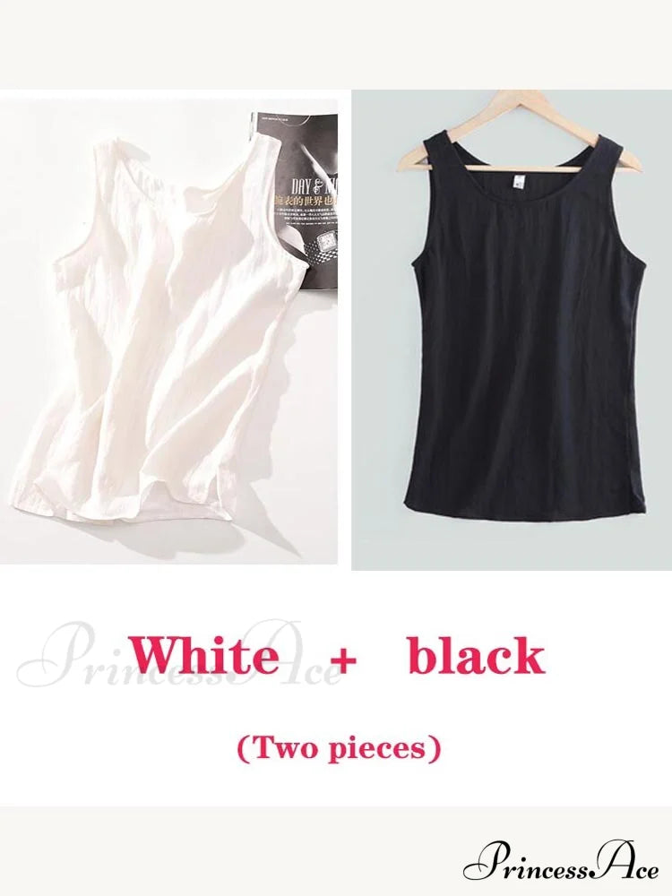 Cotton Linen Sleeveless Tops White And Black / S
