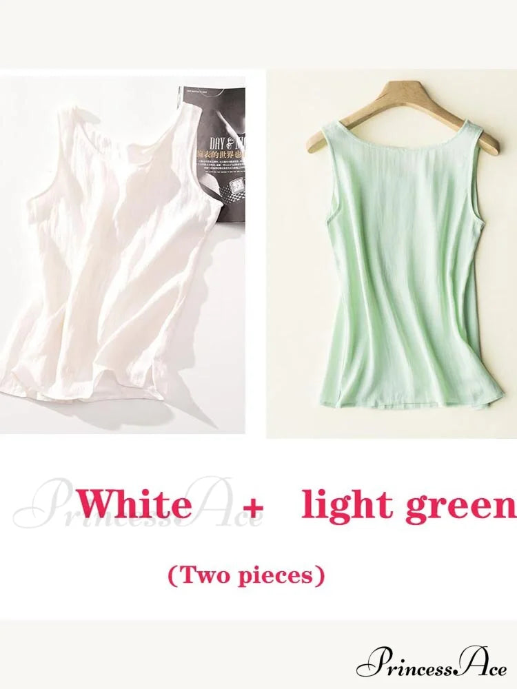 Cotton Linen Sleeveless Tops White And Lightgreen / S