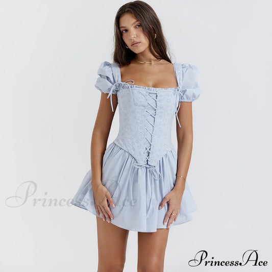 Countryside Summer Puff Charming Sleeve Corset Mini Dress Light Blue / Xs