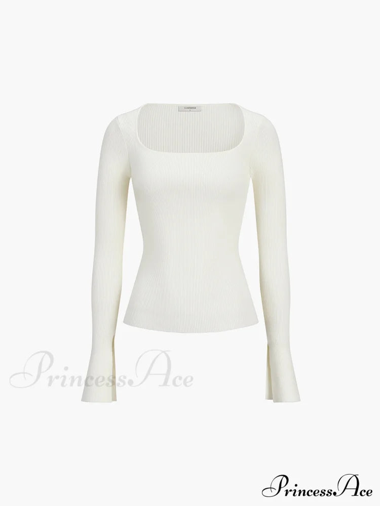 Cream Flare Long Trendy Sleeve Knit Top Sweaters-L