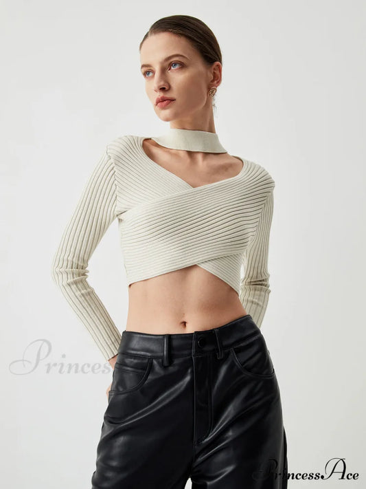 Criss Cross Knit Trendy Halter Crop Top Off-White / S Sweaters-L