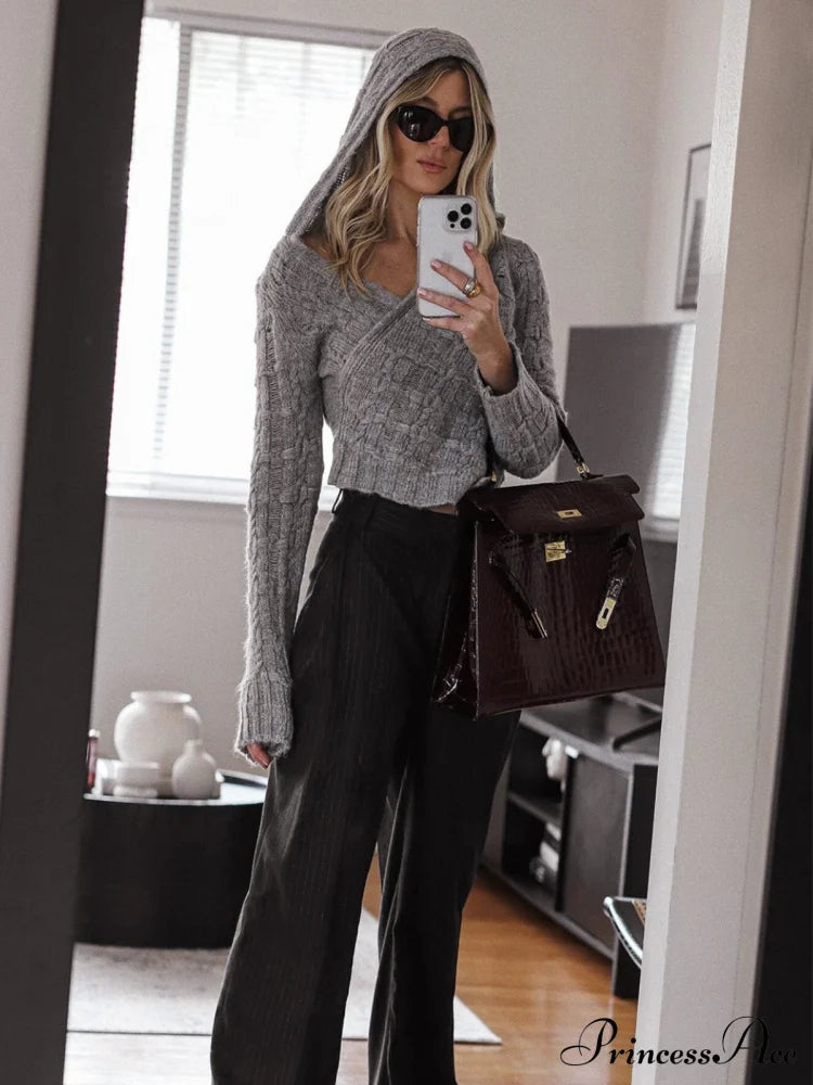 Crochet Hooded Graceful Long Sleeve Top Sweaters-L