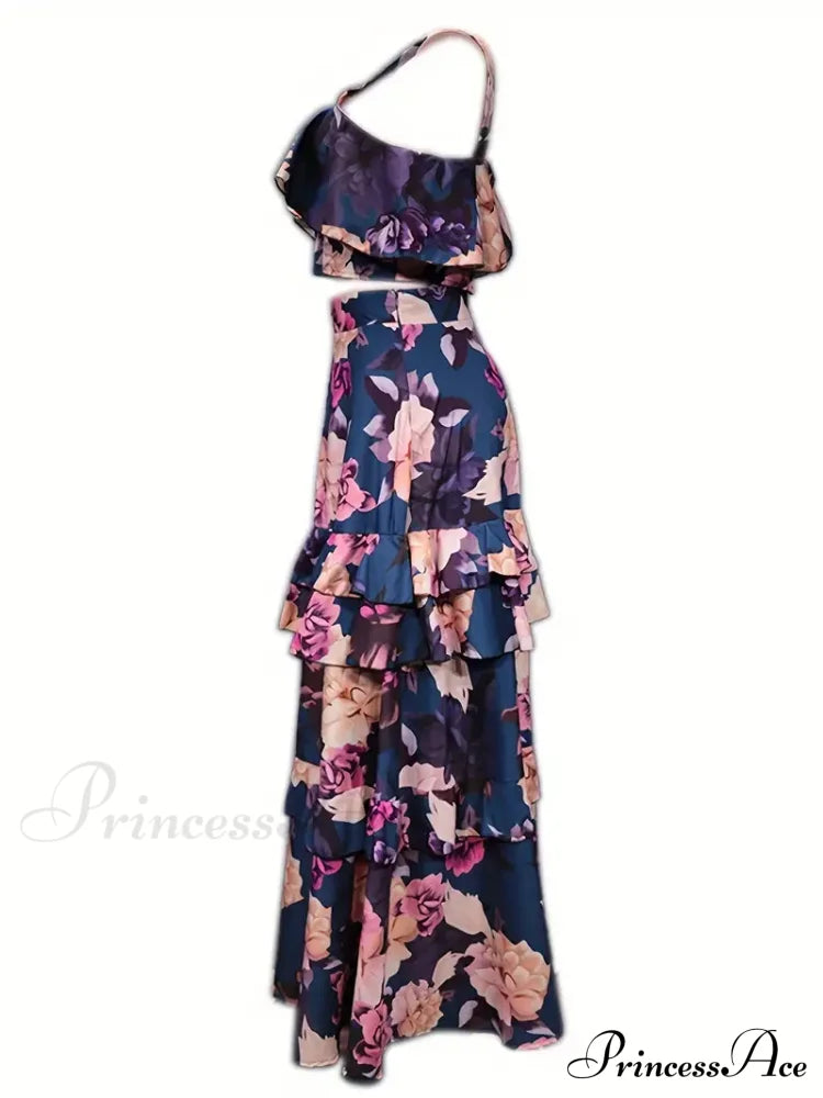 Crop Ruffles Flowered Skirt Two-Piece Tank Design Set M / Blue Floral Chiffon Maxi Dress