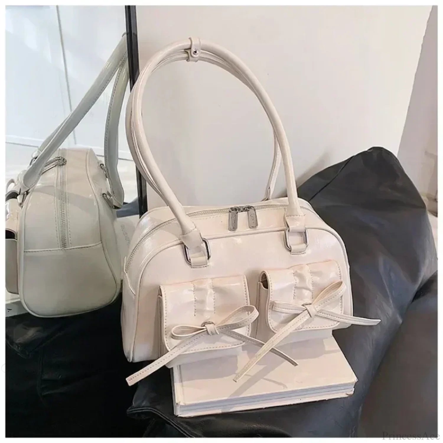 Cute Bow Tie PU Leather Underarm Shoulder Bag Beige / 30x17x10cm shoulder-250126